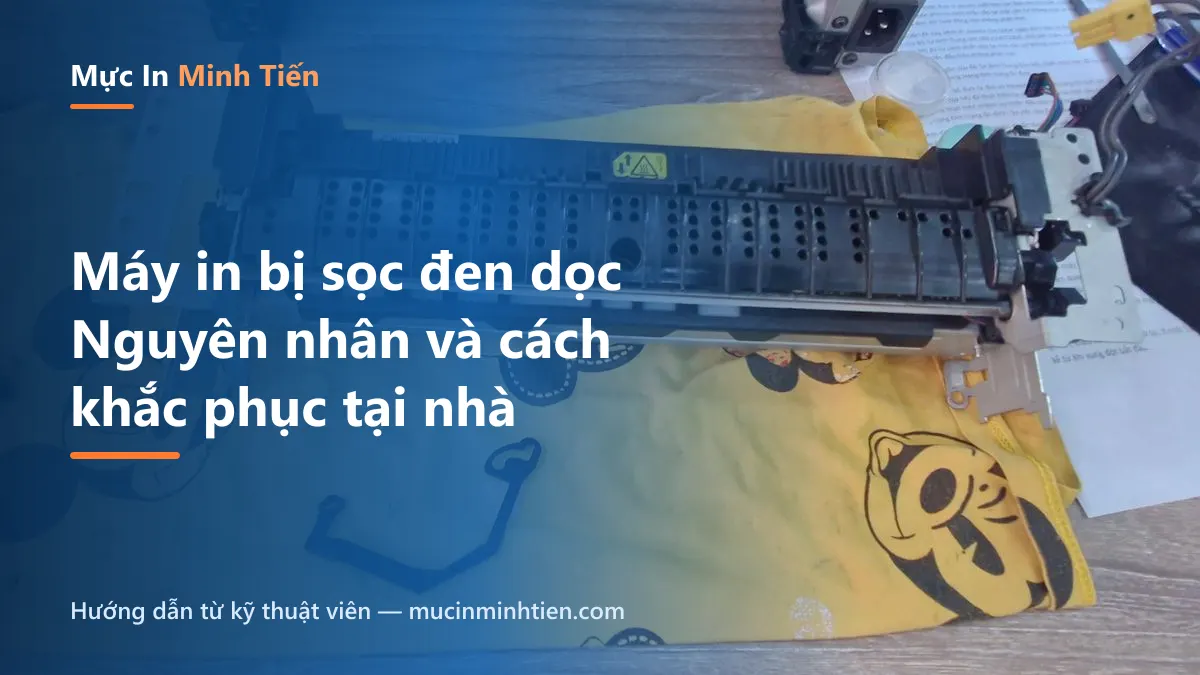 Máy in bị sọc đen dọc — kỹ thuật viên tháo cụm sấy máy in laser kiểm tra nguyên nhân