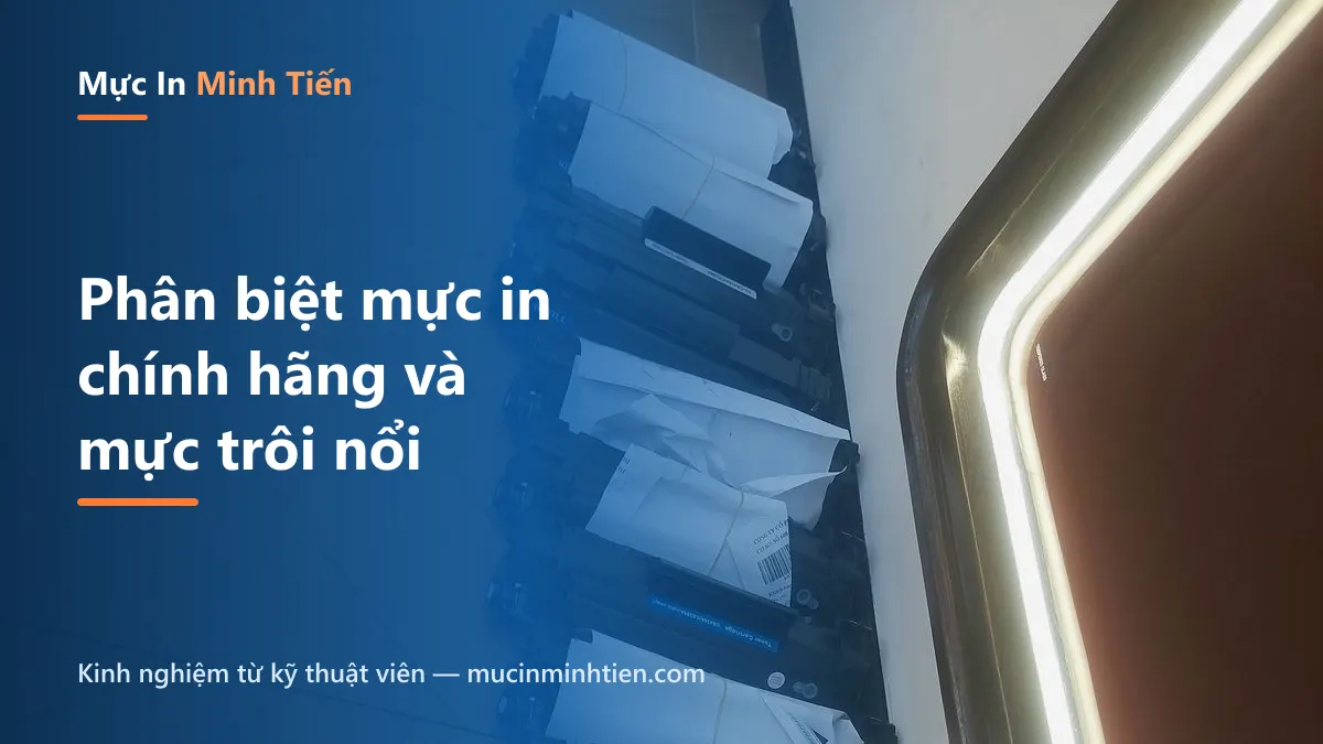 Phân biệt mực in chính hãng và mực trôi nổi — dãy hộp mực tại xưởng