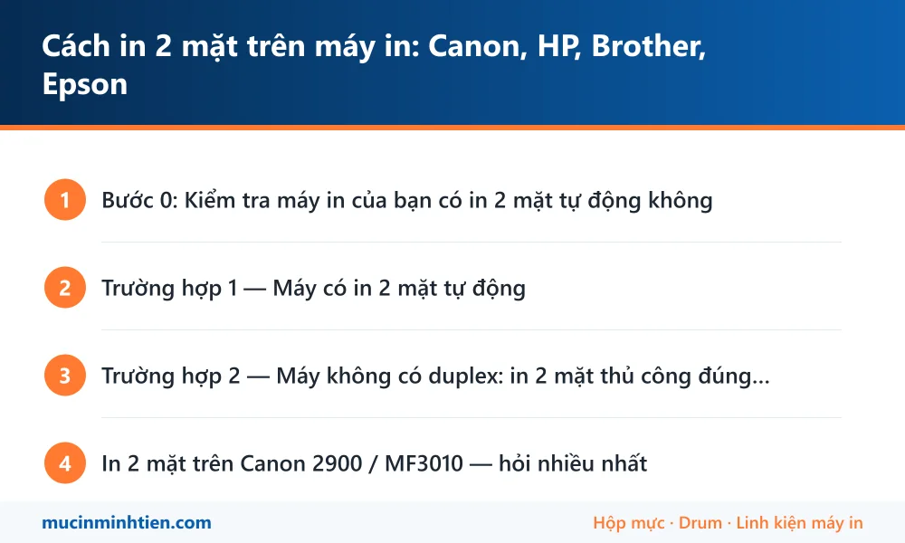 Tóm tắt các bước: Cách in 2 mặt trên máy in: Canon, HP, Brother, Epson
