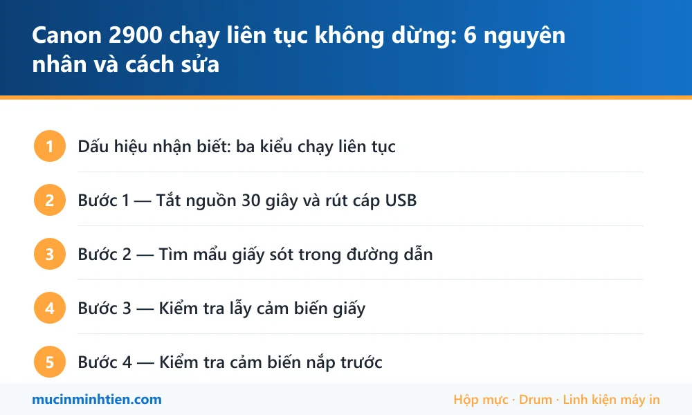 Tóm tắt các bước: Canon 2900 chạy liên tục không dừng: 6 nguyên nhân và cách sửa