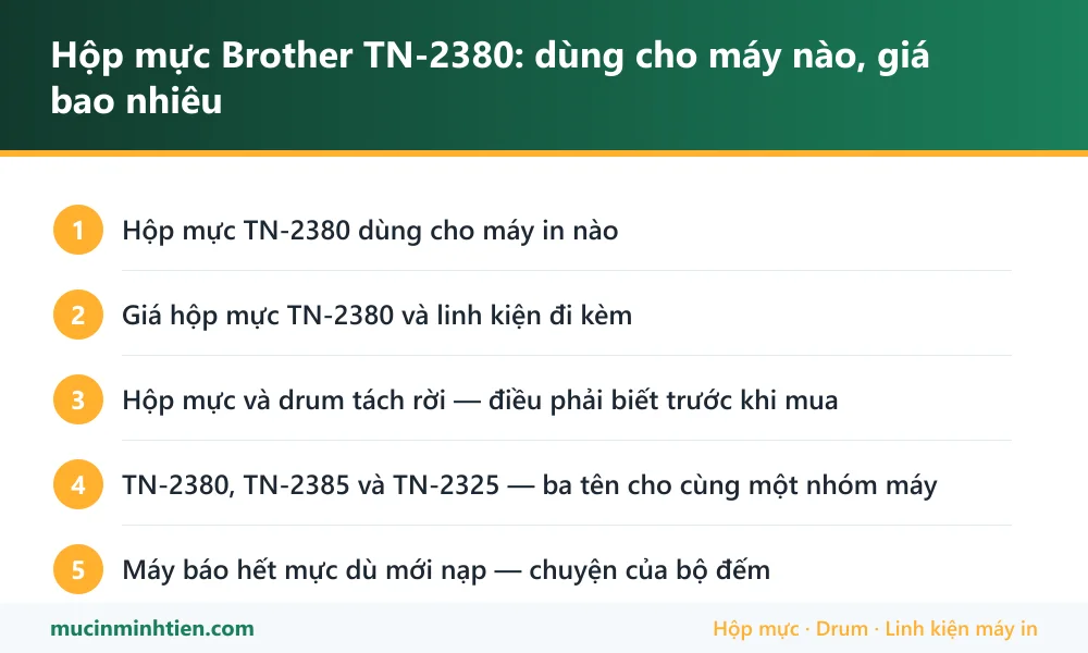 Tóm tắt thông tin hộp mực TN-2380: máy dùng được, giá và cách chọn
