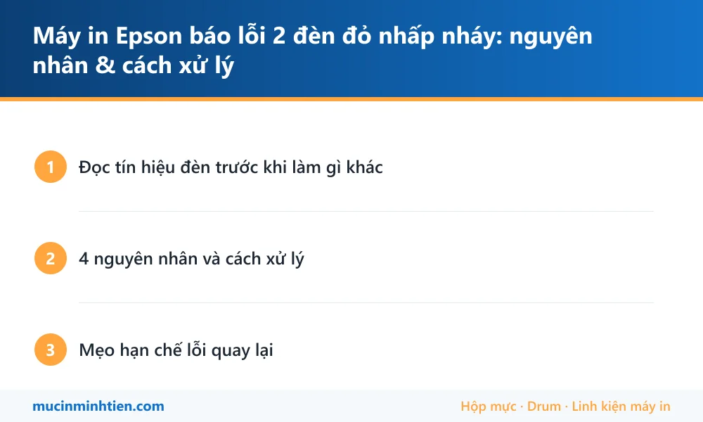 Tóm tắt các bước: Máy in Epson báo lỗi 2 đèn đỏ nhấp nháy: nguyên nhân & cách xử lý
