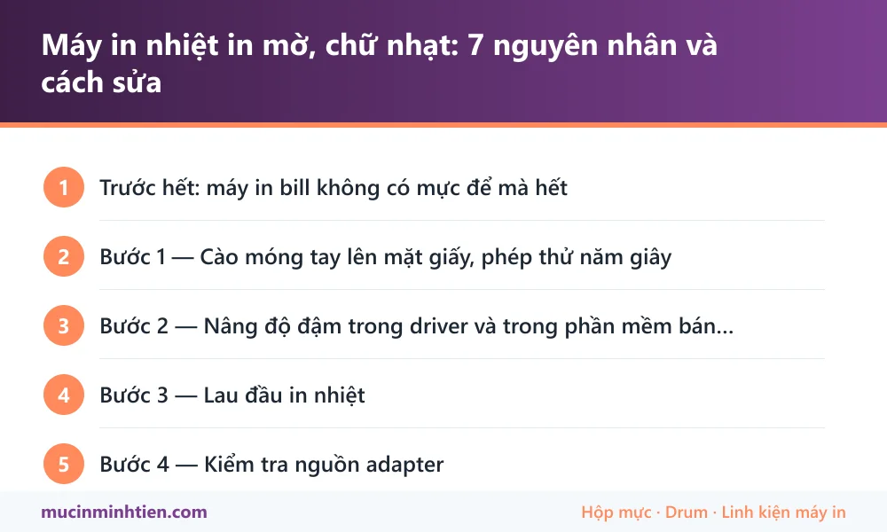 Tóm tắt các bước: Máy in nhiệt in mờ, chữ nhạt: 7 nguyên nhân và cách sửa