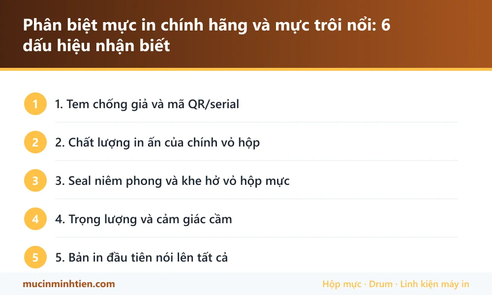 Tóm tắt các bước: Phân biệt mực in chính hãng và mực trôi nổi: 6 dấu hiệu nhận biết