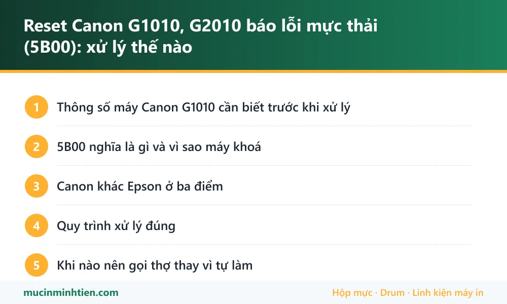 Tóm tắt các bước xử lý Reset Canon G1010, G2010 báo lỗi mực thải (5B00): xử lý thế nào