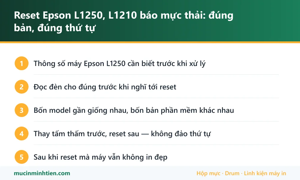 Tóm tắt các bước xử lý Reset Epson L1250, L1210 báo mực thải: đúng bản, đúng thứ tự