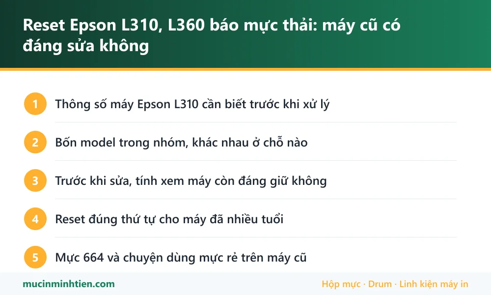 Tóm tắt các bước xử lý Reset Epson L310, L360 báo mực thải: máy cũ có đáng sửa không