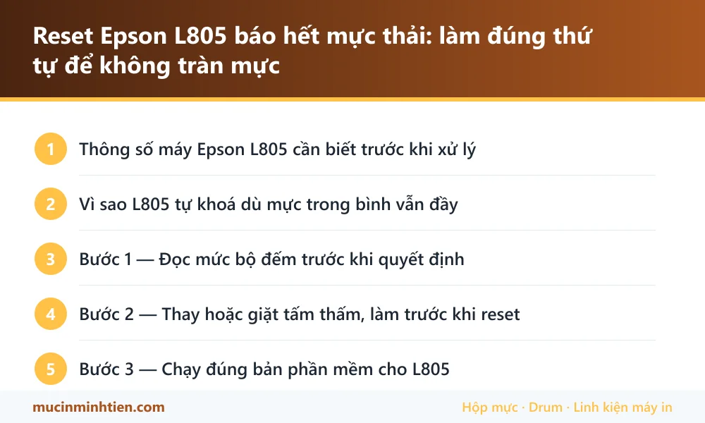 Tóm tắt các bước xử lý Reset Epson L805 báo hết mực thải: làm đúng thứ tự để không tràn mực