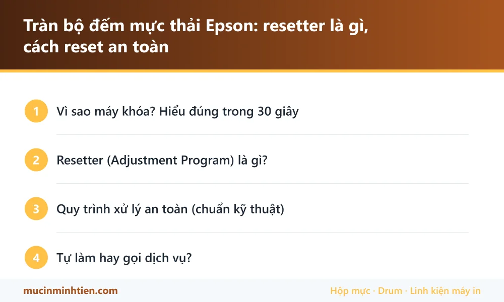 Tóm tắt các bước: Tràn bộ đếm mực thải Epson: resetter là gì, cách reset an toàn